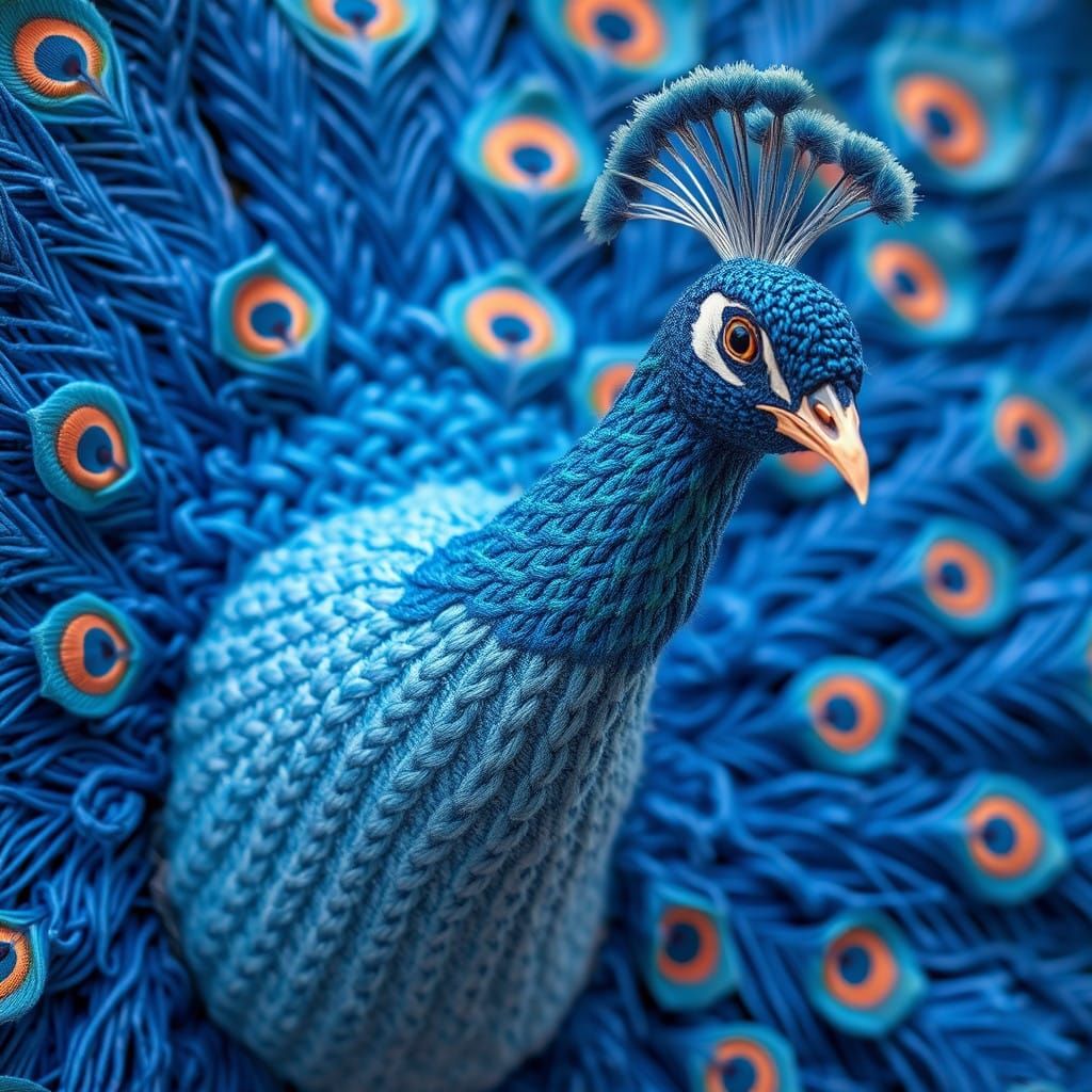 Vibrant Knitted Peacock in Close-Up