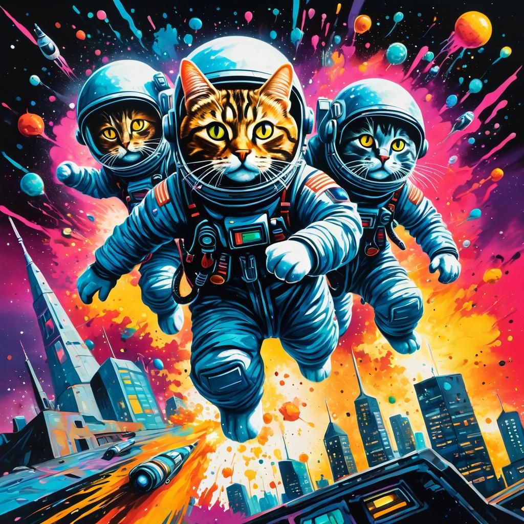 Cats in Spacesuits Graffiti Art: Retro-Futuristic Sci-Fi