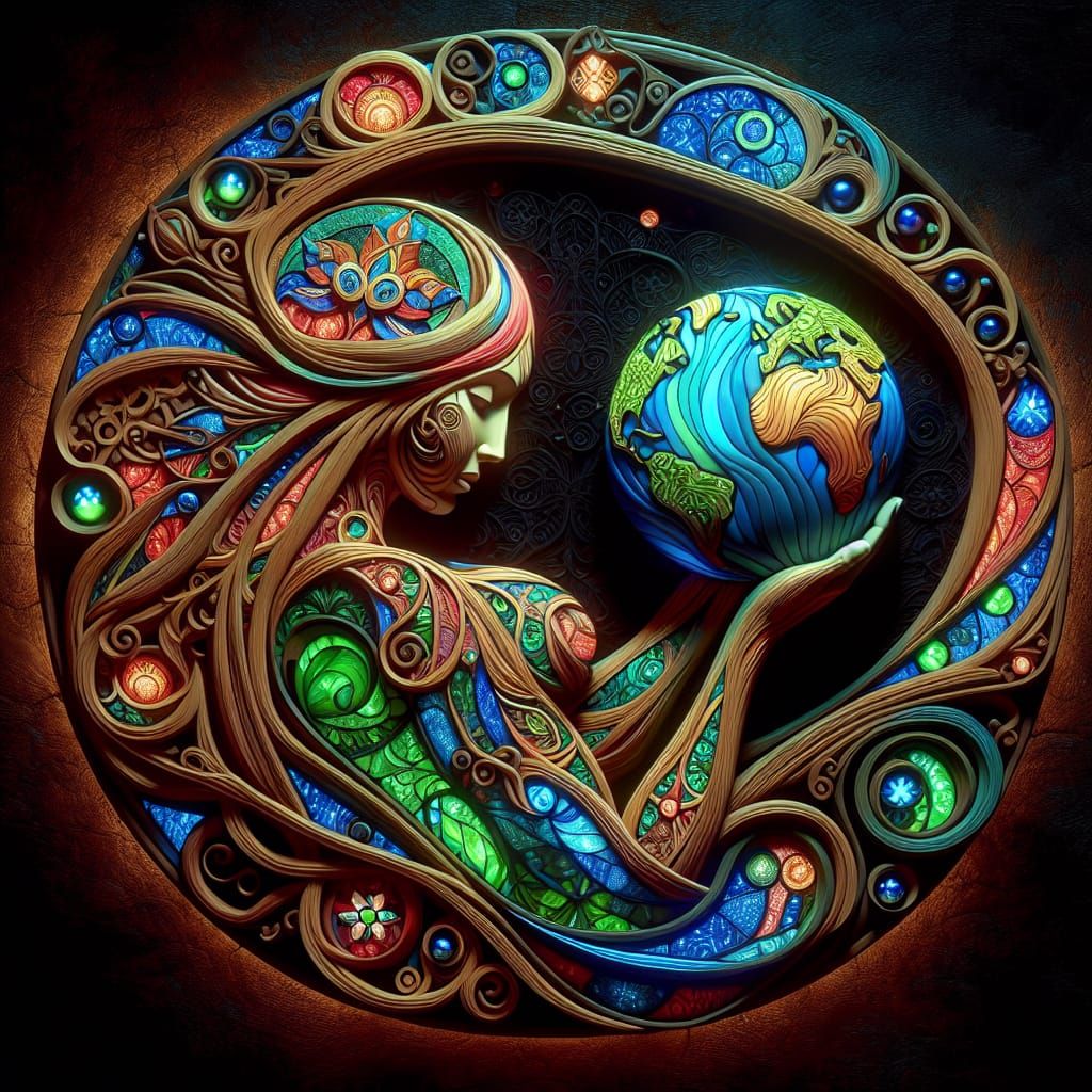 Mother Earth Wood Sculpture with Stained Glass