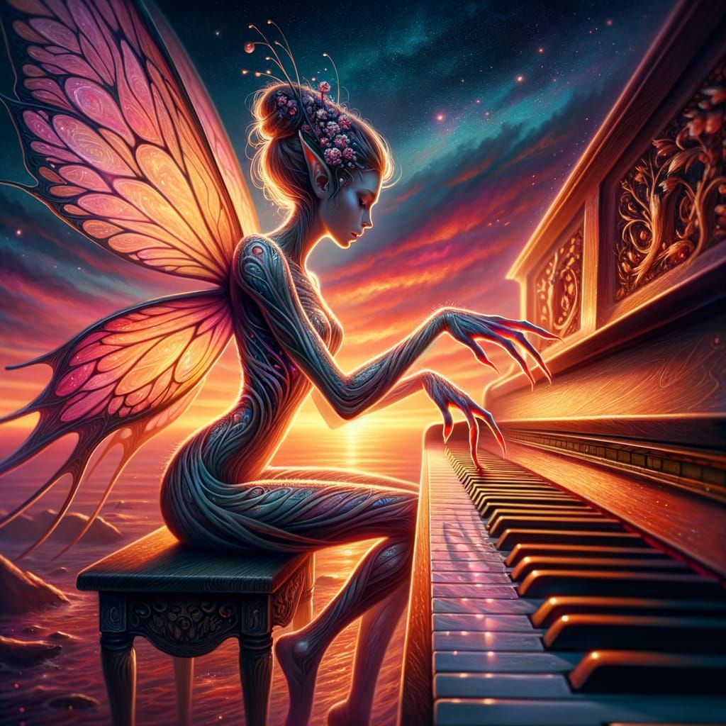 Enchanting Fairy Plays Piano at Sunset
