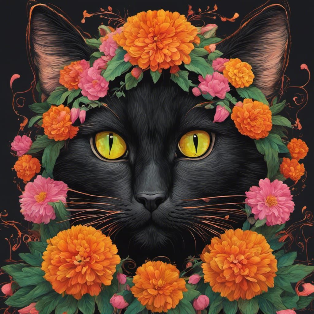 Chubby Black Cat with Marigold Crown: Fantasy Art