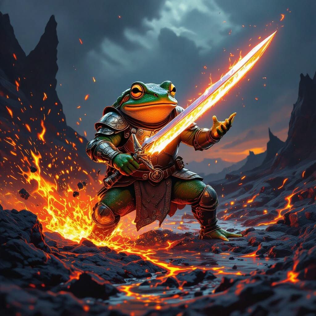 Fearless Frog Warrior With Crystal Sword in Lava