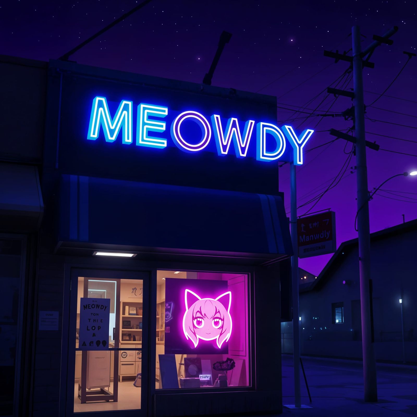Neon "MEOWDY" Signage on Chibi Catgirl Storefront