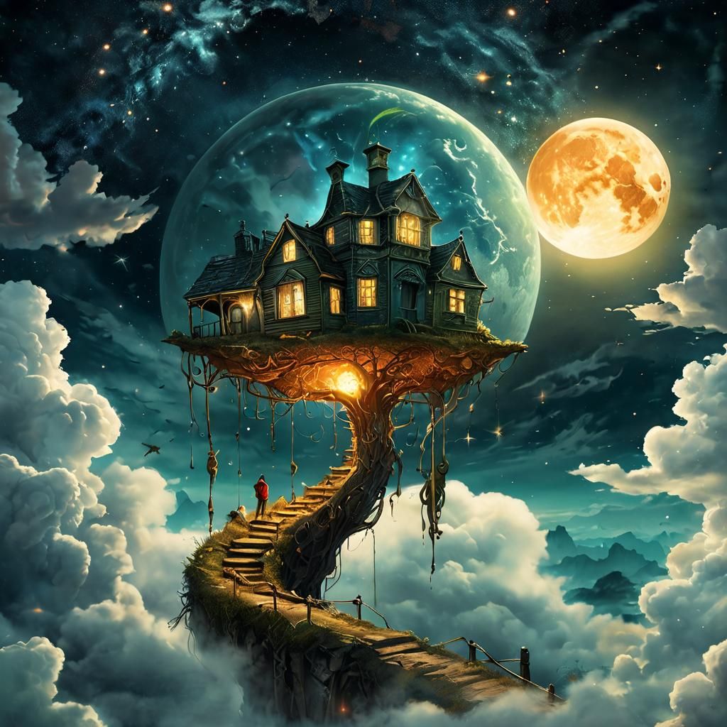 Haunted House Blood Moon Watercolor Illustration