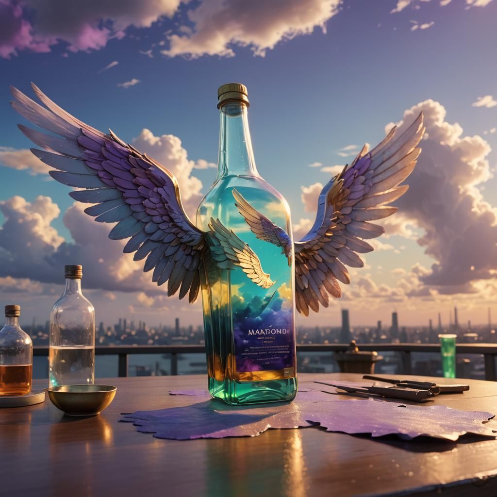 Winged Bottle with Triadic Colors and Volumetric Lighting