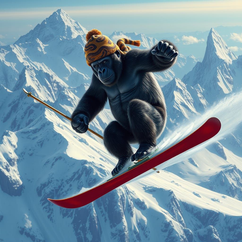Gorilla Soars on Skis with Serpent Beanie in Whimsical Mount...