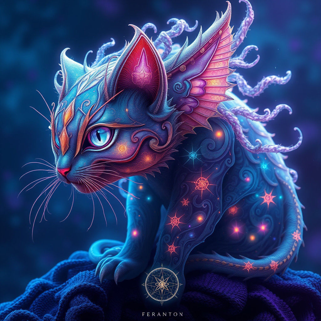 Mystical Larva Cat with Iridescent Celestial Patterns