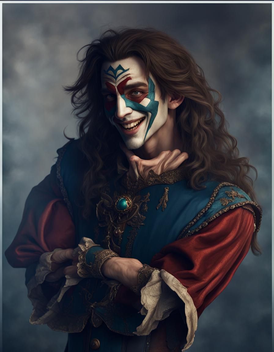 Androgynous Jester with Stage Mask: Dark Fantasy Art