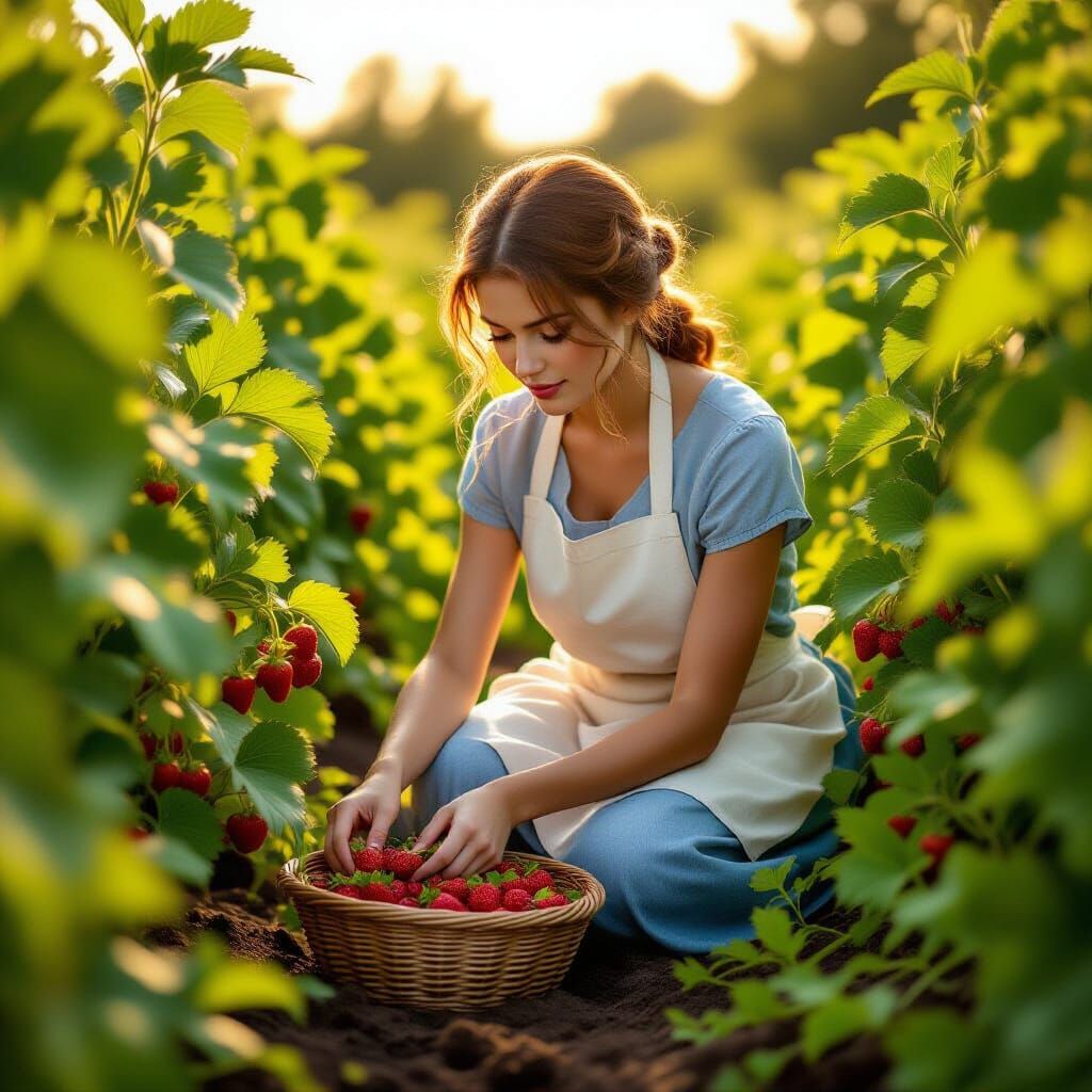 Woman Picking Strawberries in Lush Garden at Golden Hour