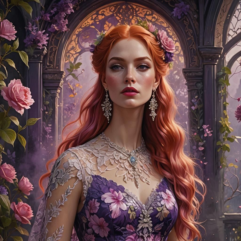 Stunning Woman in Floral Dress: Tempera Painting