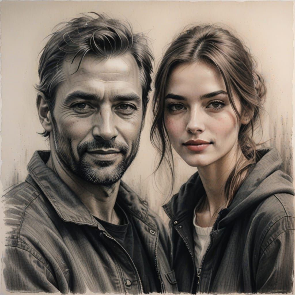 Man and Girl Portrait in Sanguine and Chalk