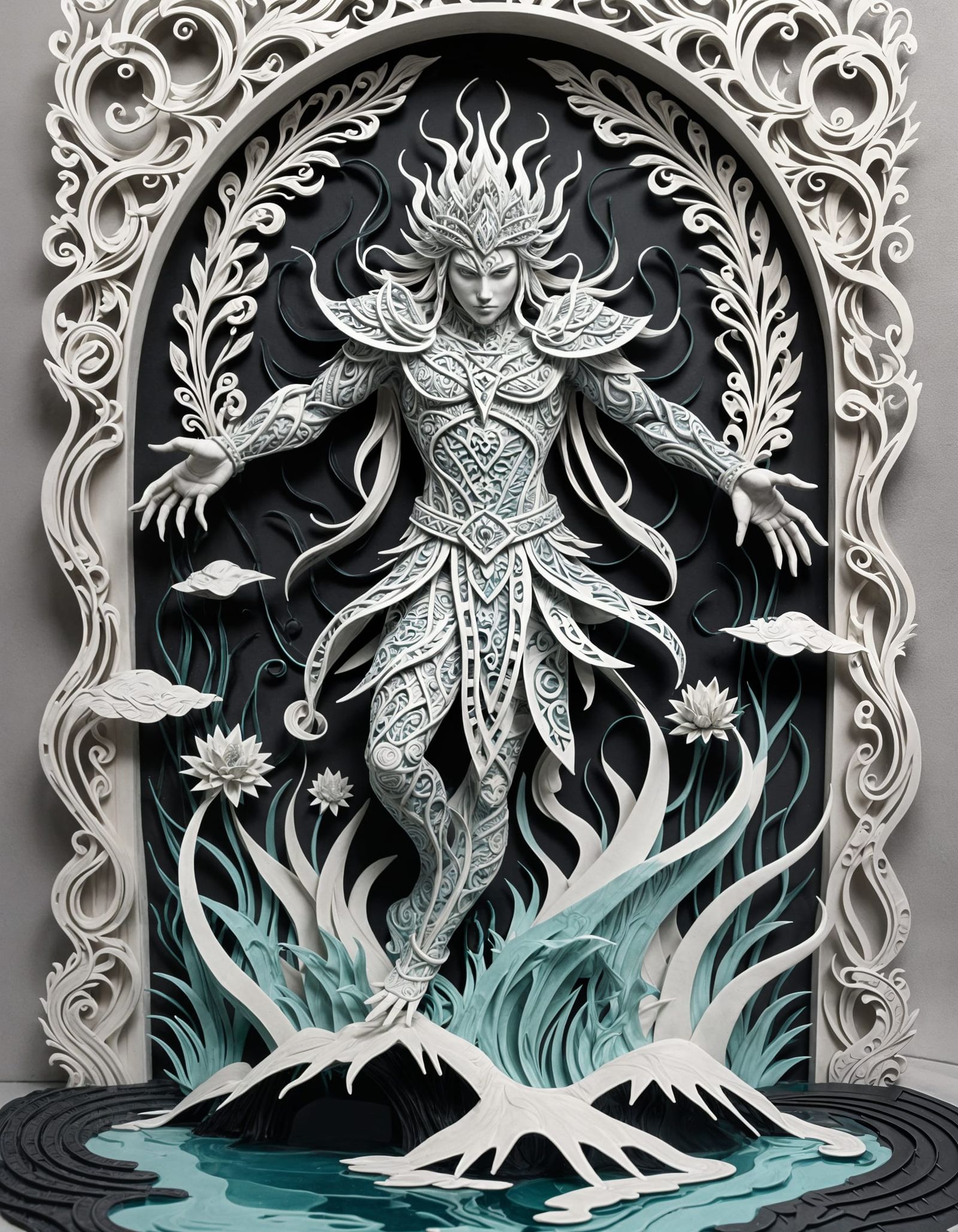 Intricate Kirigami Water God Rising From Lake