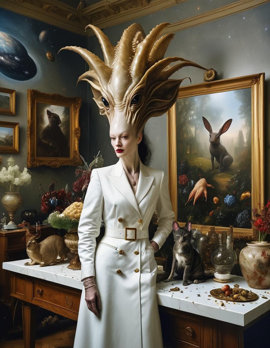 Surreal Art Studio with Bizarre Creatures, Hyperrealistic Ph...