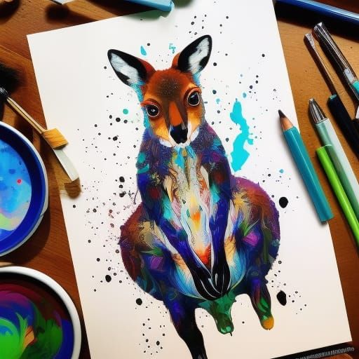 Cute Kangaroo Portrait with Oil Splash Effects