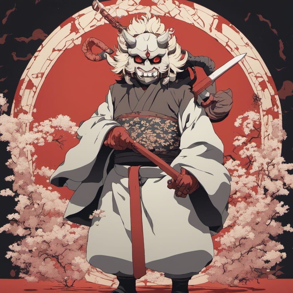 Demon Slayer Warrior with Oni Mask in Anime Style
