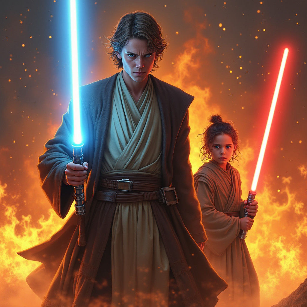 Anakin Skywalker and Padawan in Fiery Standoff