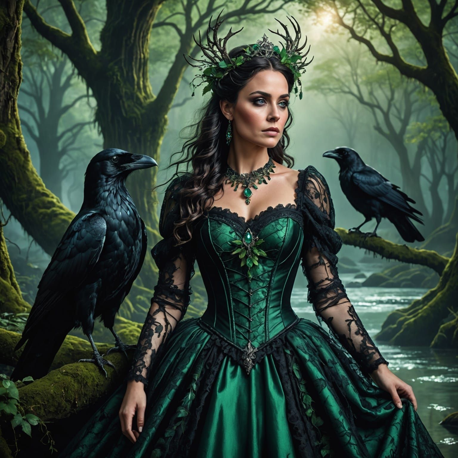 Woman and Unicorn in Mystical Forest, Detailed Fantasy Art