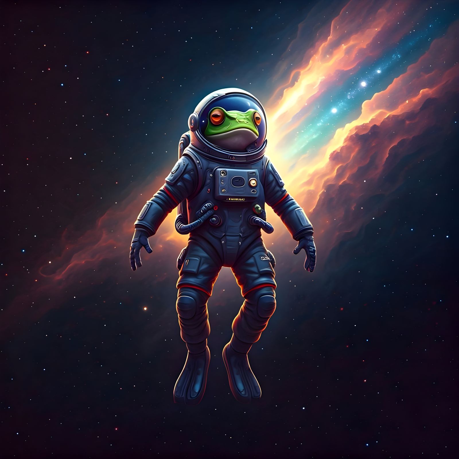 Frog Astronaut Drifting in Iridescent Nebula