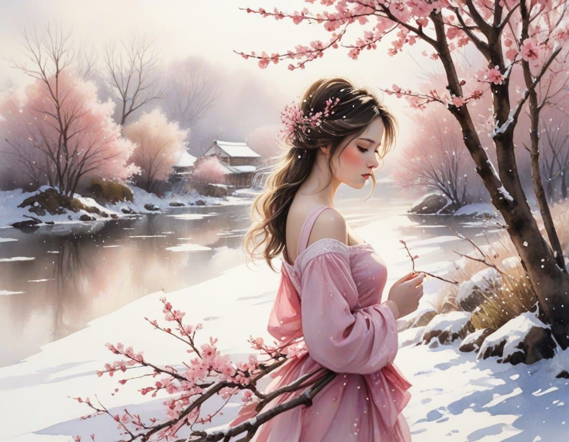 Cherry Blossoms and Snow in Delicate Watercolour