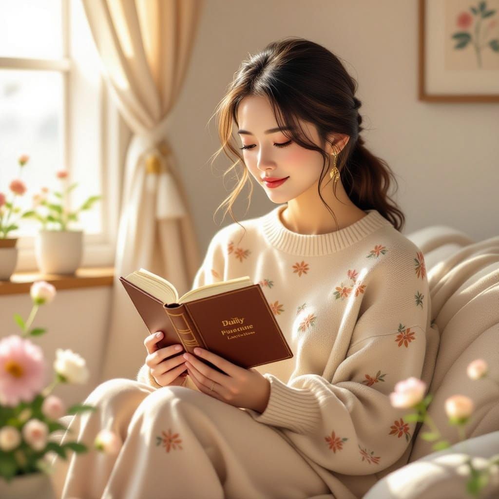 Contemplative Woman with Prayer Journal in Anime Style
