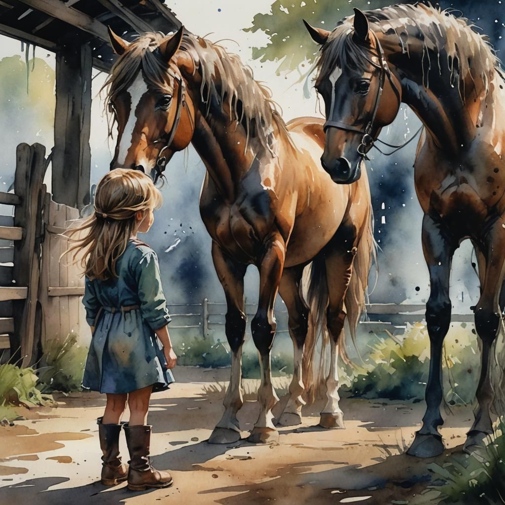 Watercolor Painting of a Girl and Horse