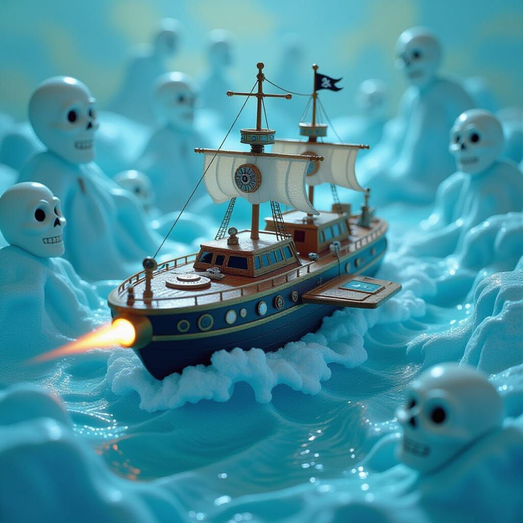 Crystal Pirate Spaceship in Dreamlike Spectral Sea
