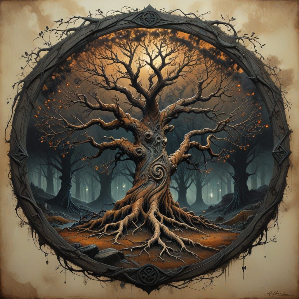 Gnarled Roots of Yggdrasil in a Nordic Fantasy Landscape
