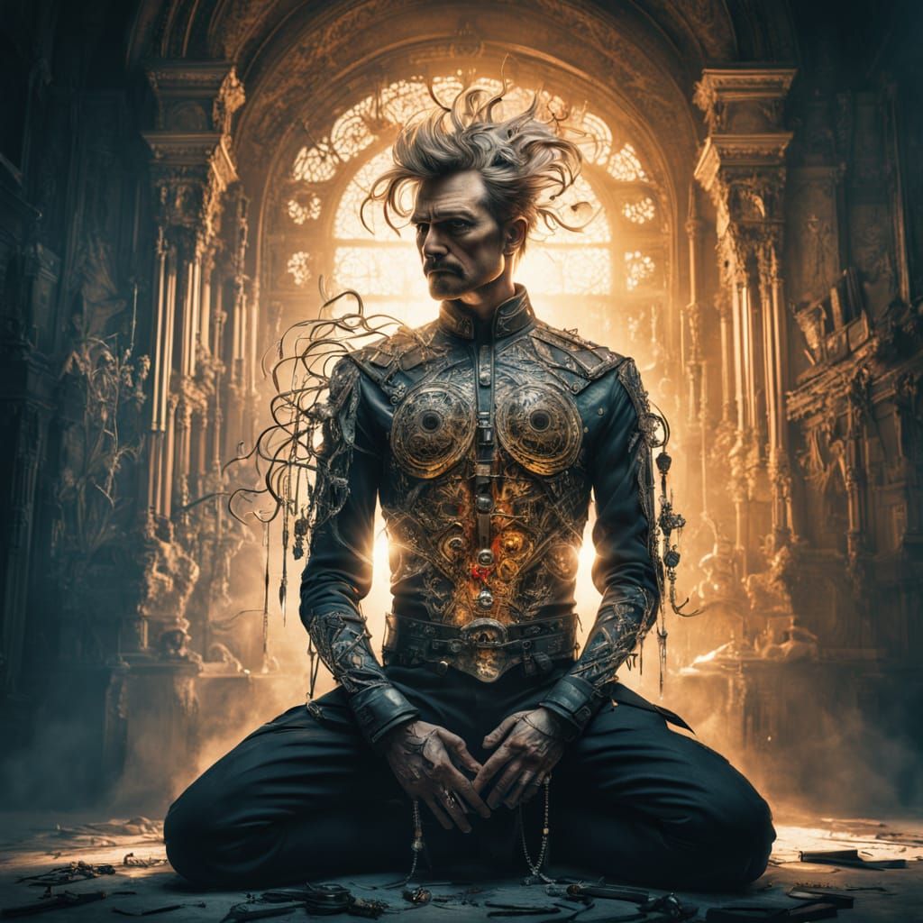 Ornate Geishapunk Man in Double Exposure