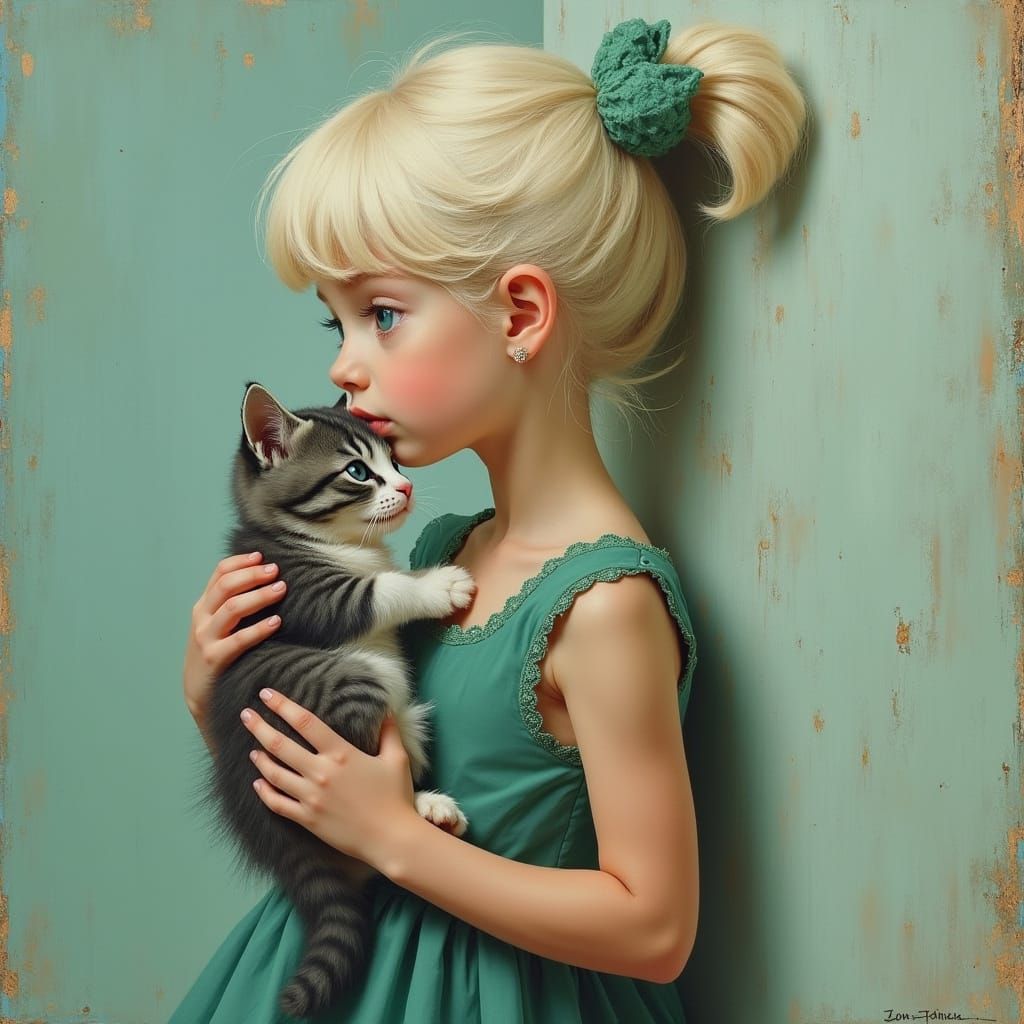 Girl with Kitten Portrait in Acrylic Painting Style