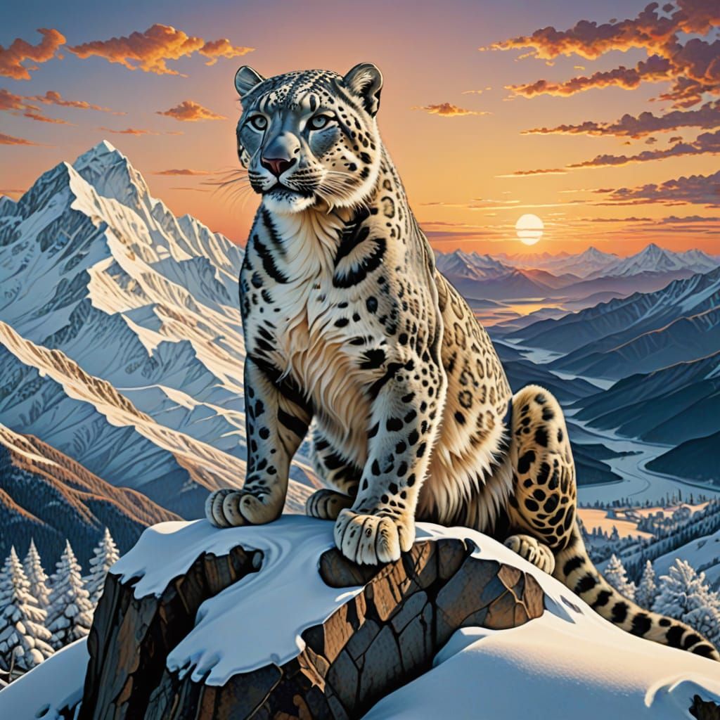 Snow Leopard in Surreal Fractal Landscape
