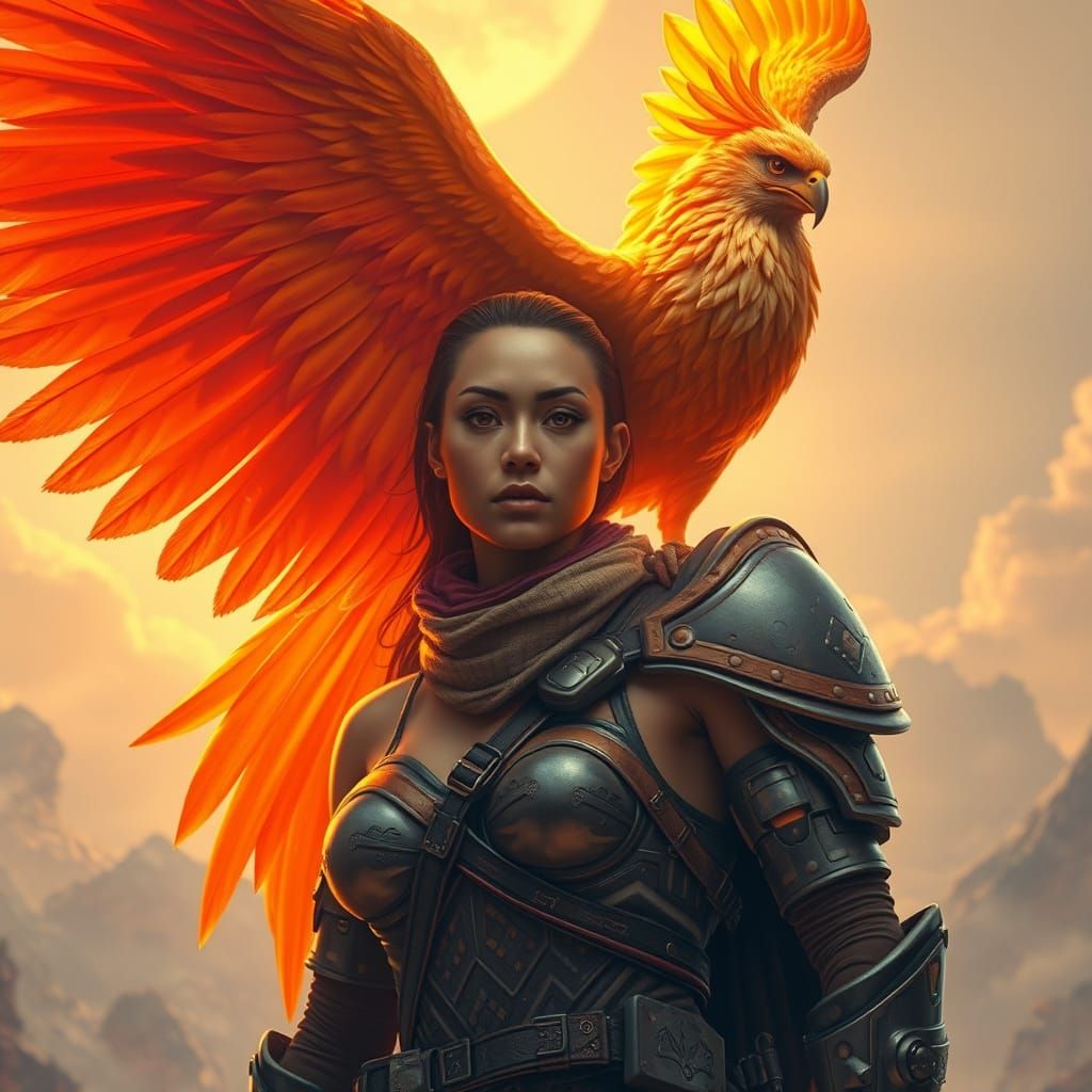 Lila the Warrior with Phoenix in Retro-Futuristic Style