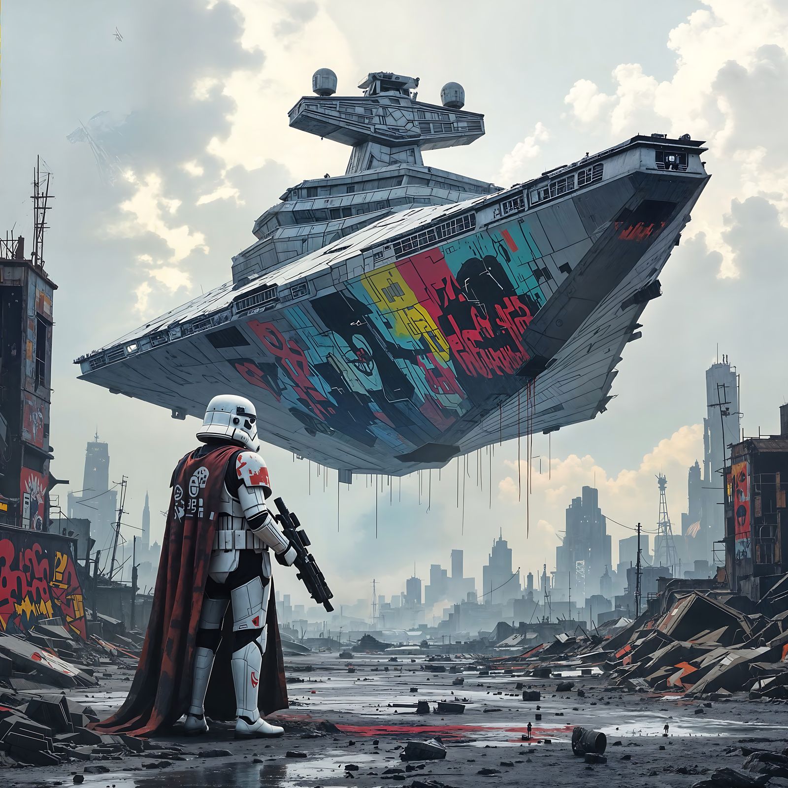 Star Destroyer Guarded by Stormtrooper in Splash Art Style