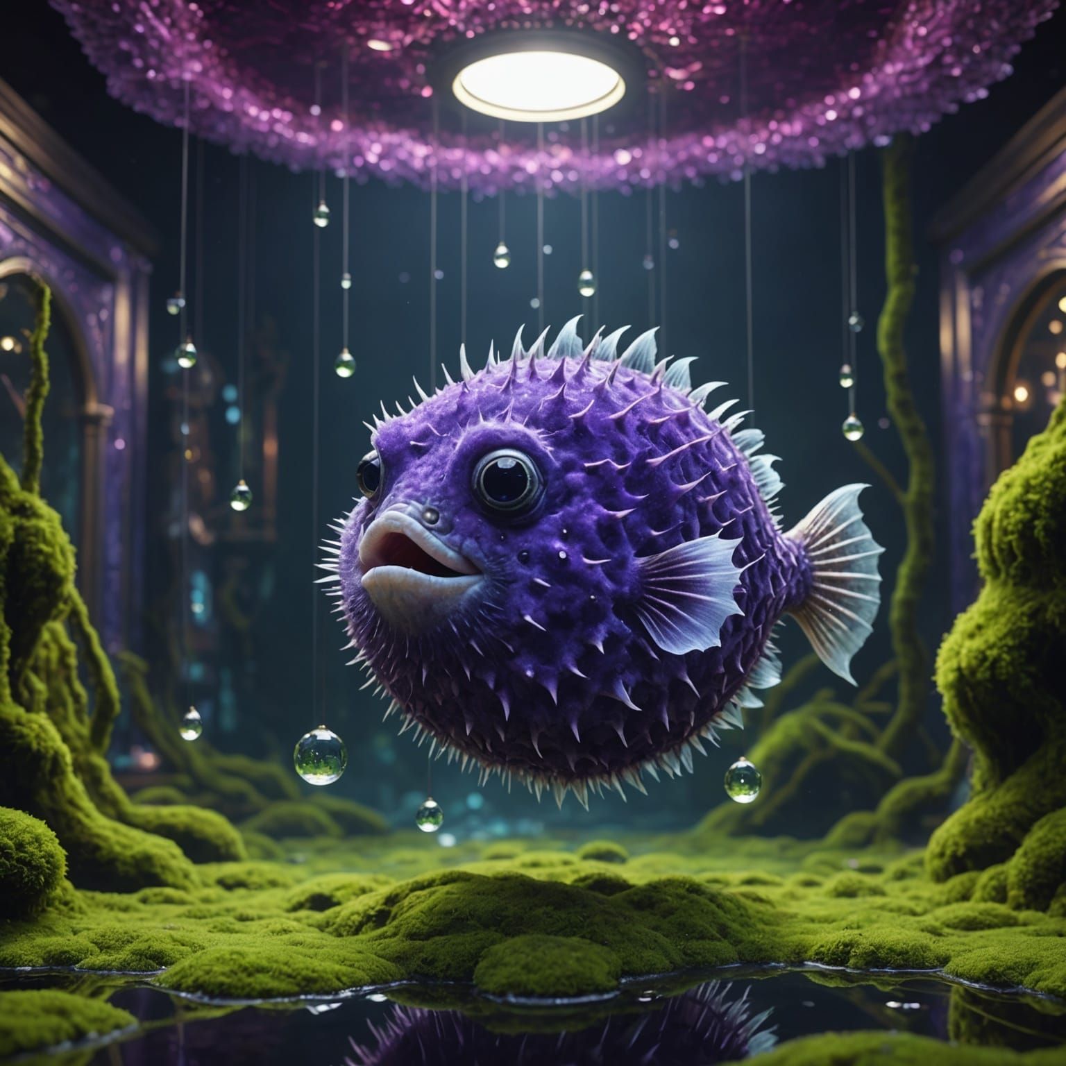 Fluffy Purple Pufferfish in Mirrored Room