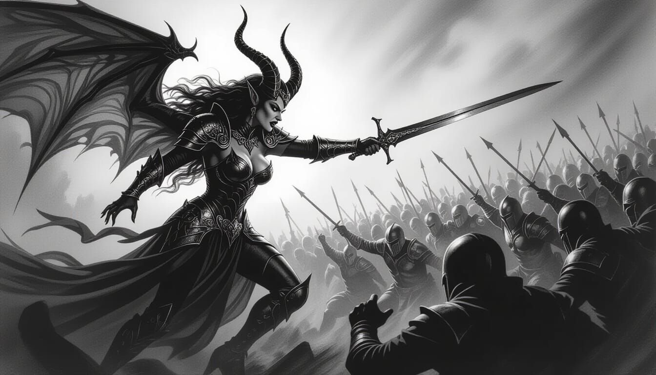 Gothic Vampire Demon Battles Army in Charcoal Drawing