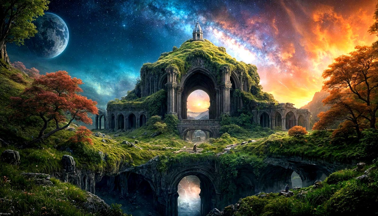 Elven Ruins Under Starry Nebula Sky