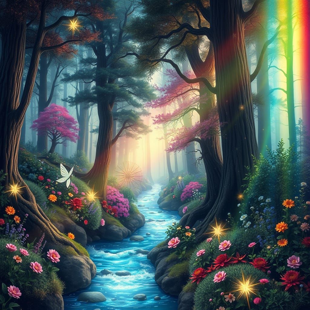 Whimsical Forest Wonderland in Vibrant Cosmic Colors