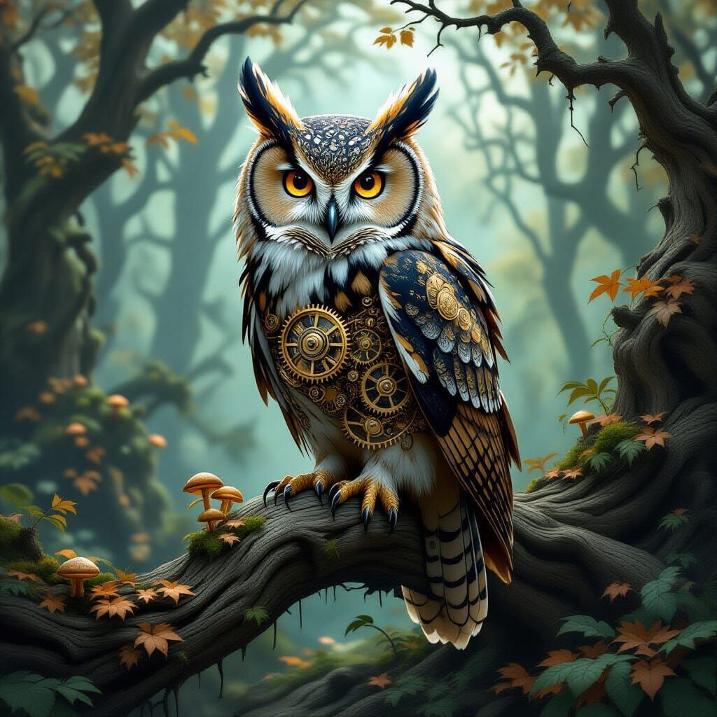 Steampunk Owl with Clockwork Gears on Ancient Branch