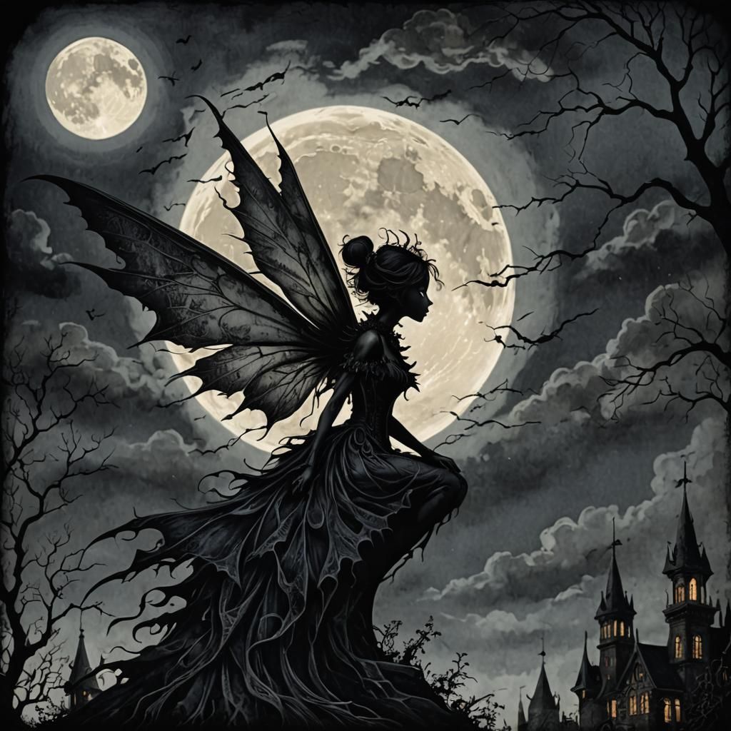 Gothic Victorian Dark Fairy Silhouette Under Moonlight
