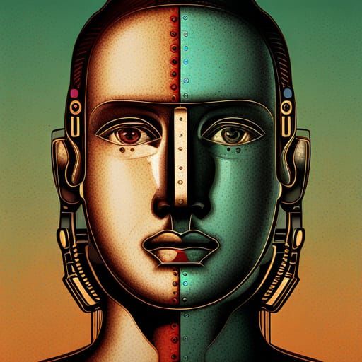 Cyborg Face in Vintage Pop Art Style