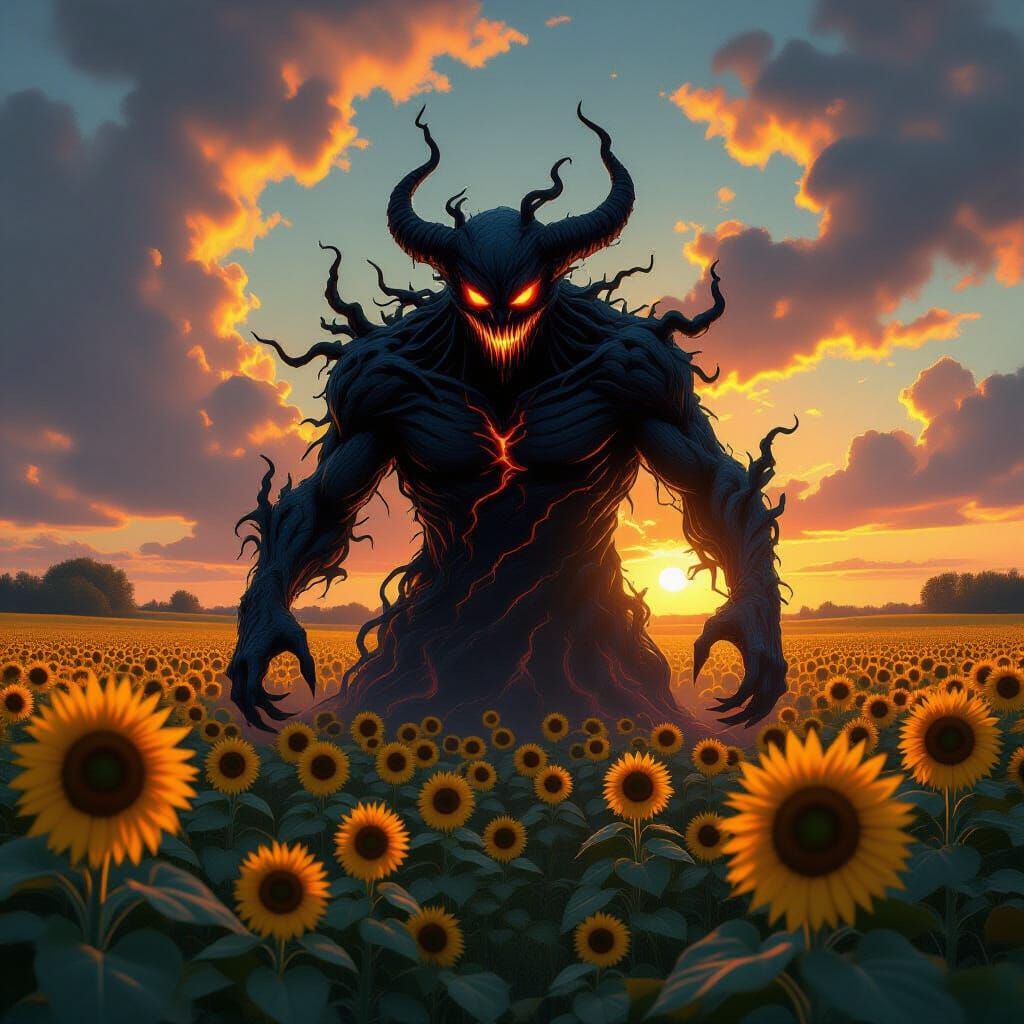 Demonic Shadow Blob in Sunflower Field