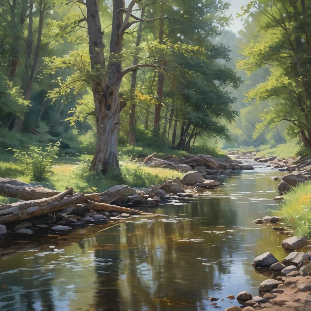 Impressionist Landscape with Stream in Gouache