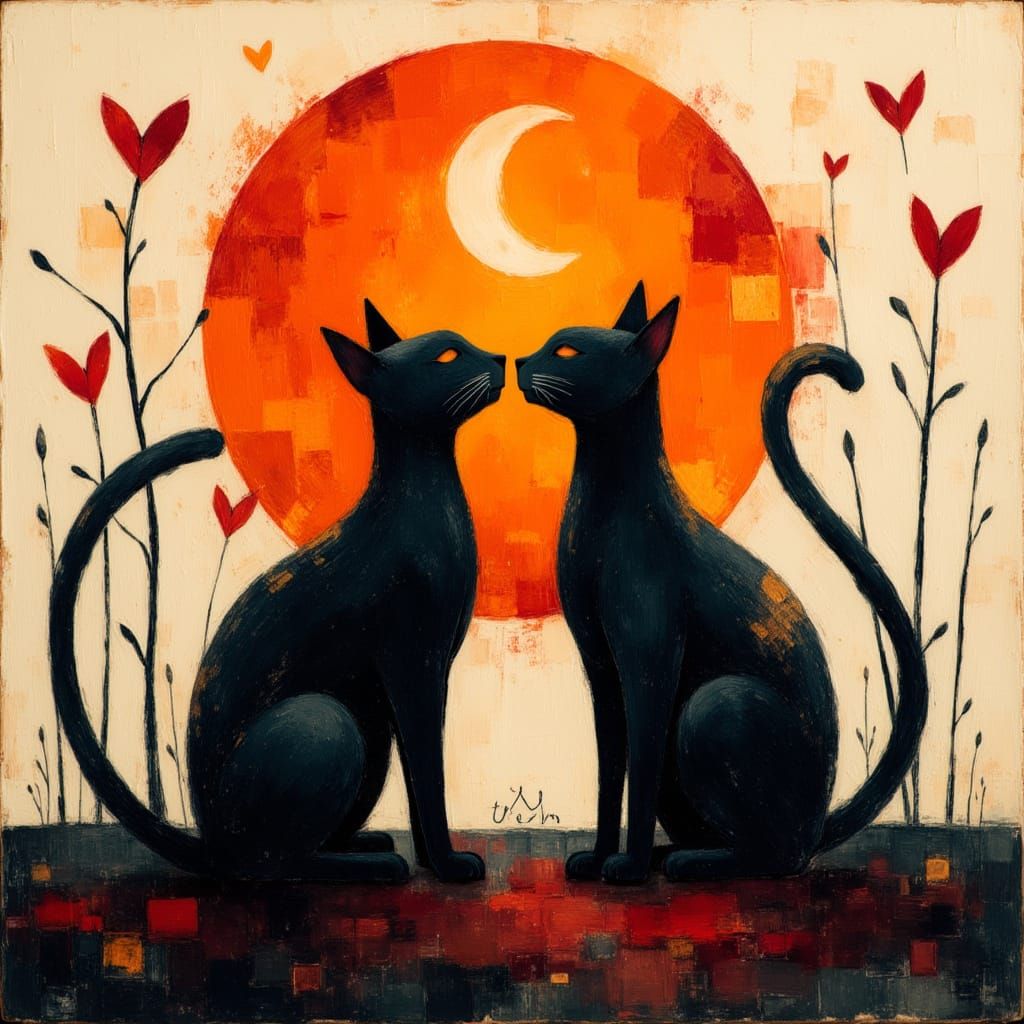 Black Cats Under Crescent Moon with Red Sun