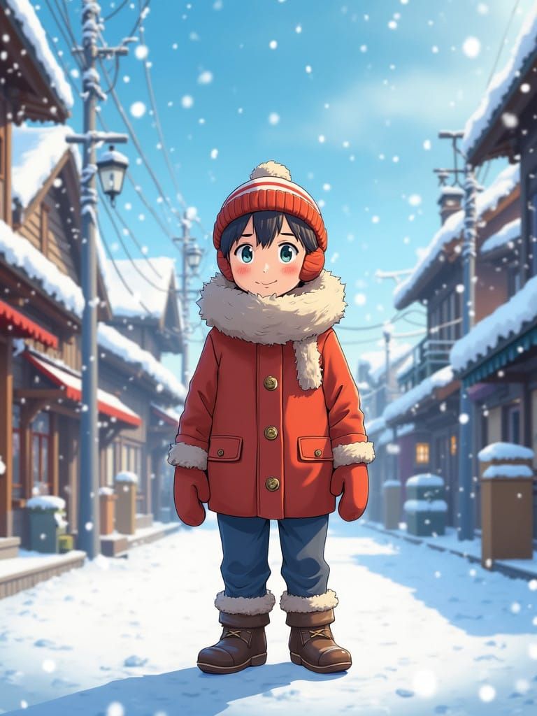 Warm Winter Anime Scene in a Snowy Japanese Town