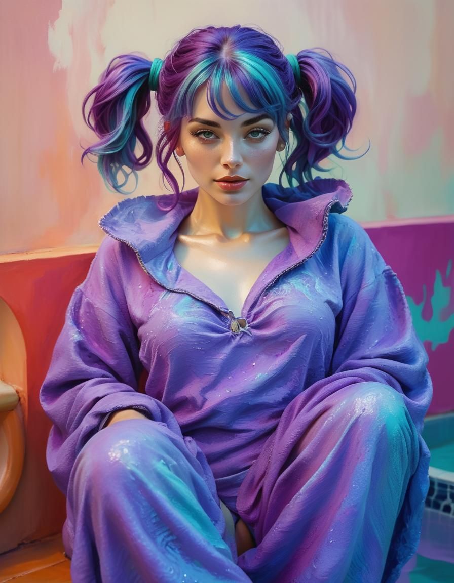 Elegant Woman in Art Nouveau-Inspired Purple Bikini