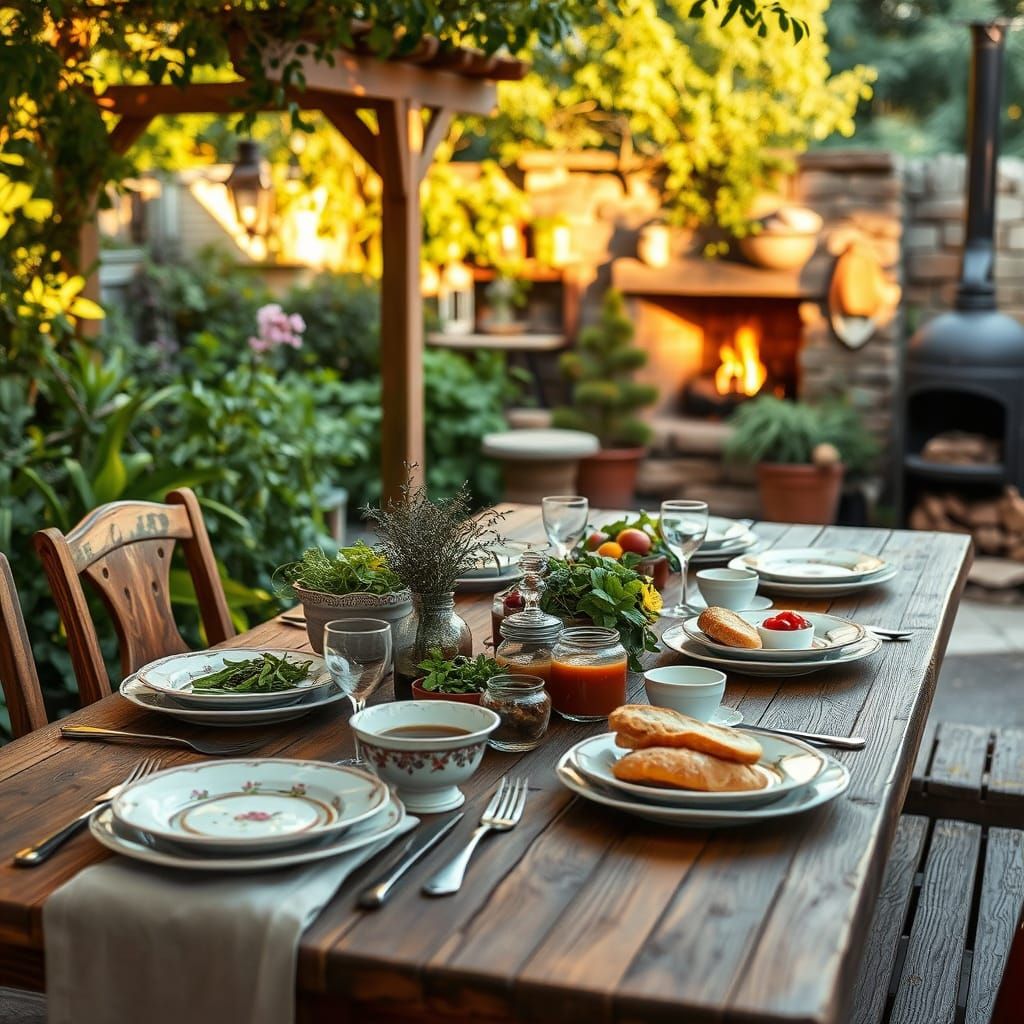 Rustic Garden Table Setting in Impressionist Style