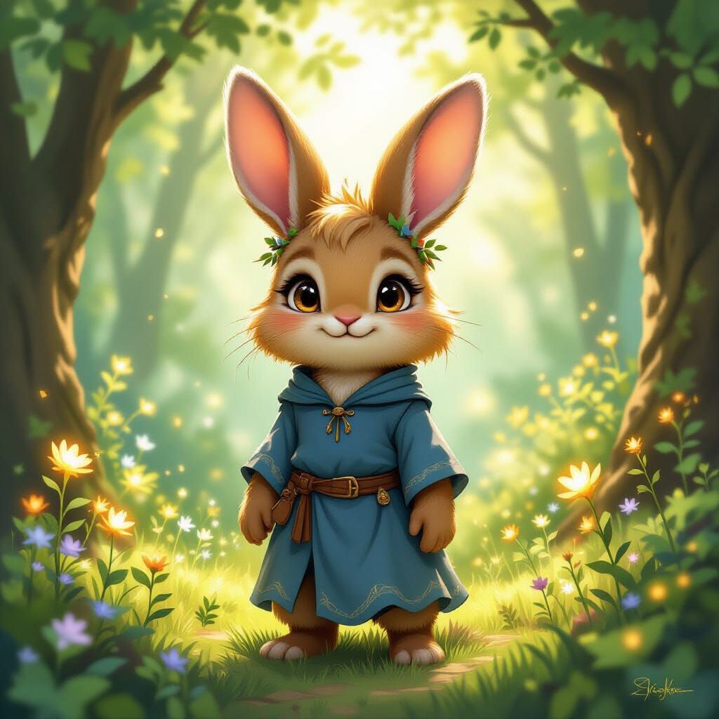 Whimsical Bunny Druid in Magical Forest