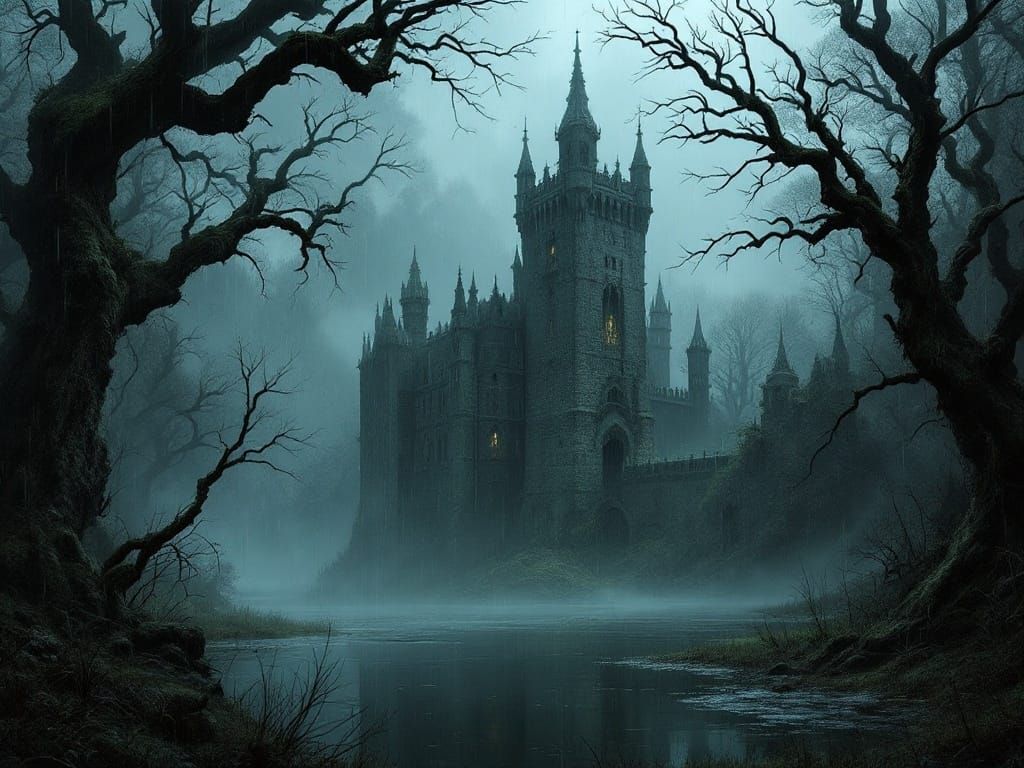 Misty Gothic Castle in a Dark, Mysterious Forest