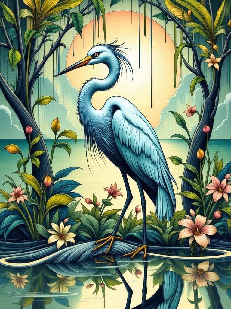 Art Deco Heron in Reflective Water at Sunset
