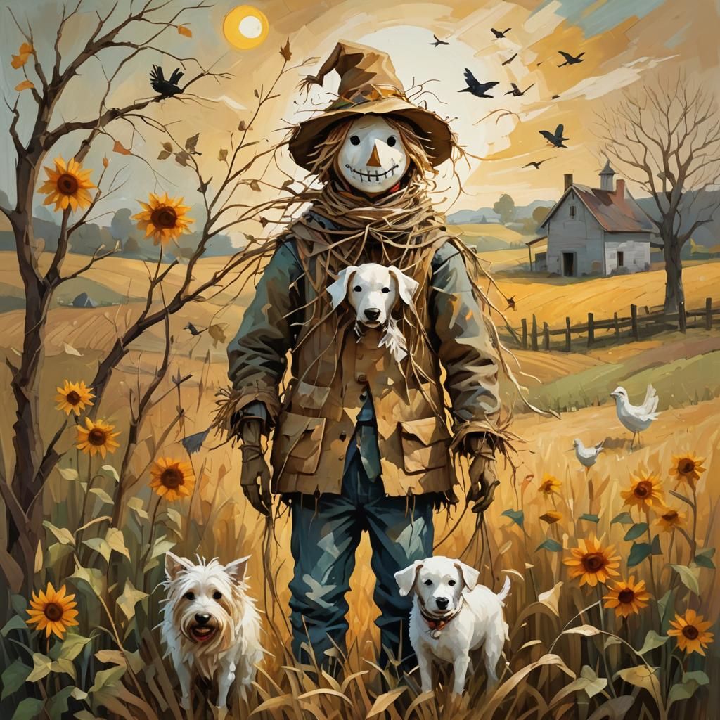 Whimsical Scarecrow with Dog in Folk Art Style