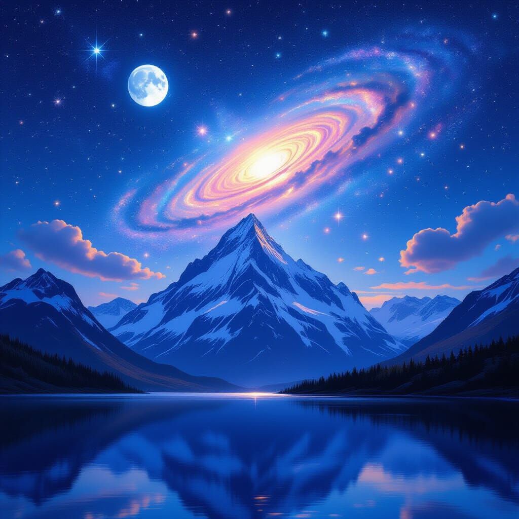 Cosmic Mountain Peak Under Starry Sky